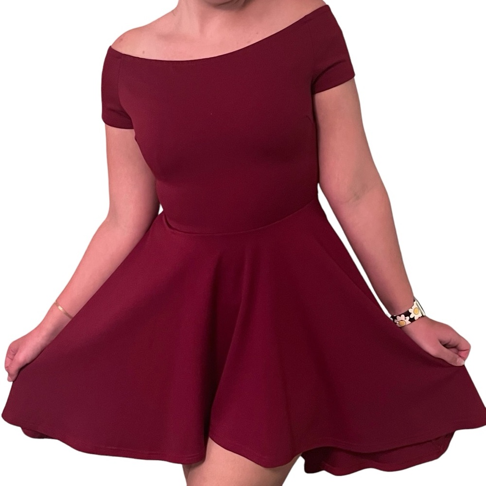 Burgundy Off-the-Shoulder High-Low Fit & Flare Flowy Mini Dress
